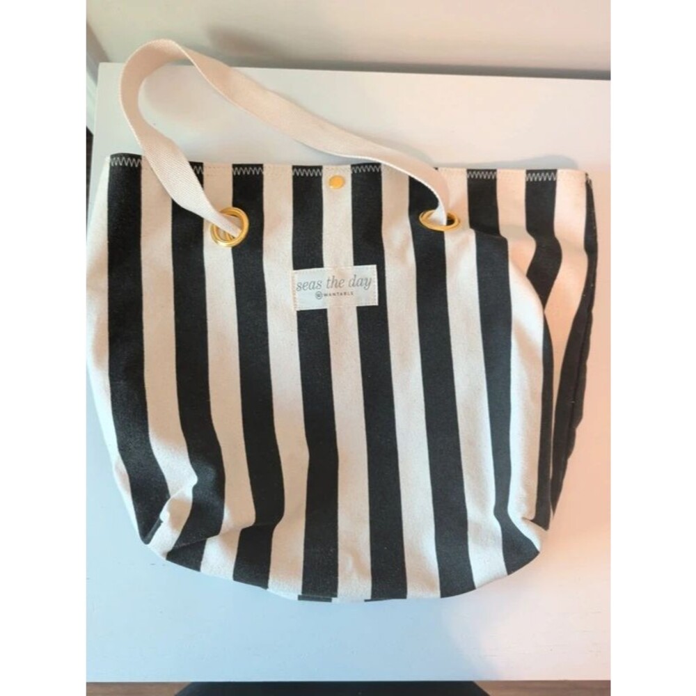 Wantable Seas the Day Black White Striped Canvas Beach Tote Bag